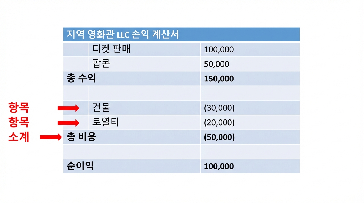 매출 항목과 소계가 강조된 손익계산서