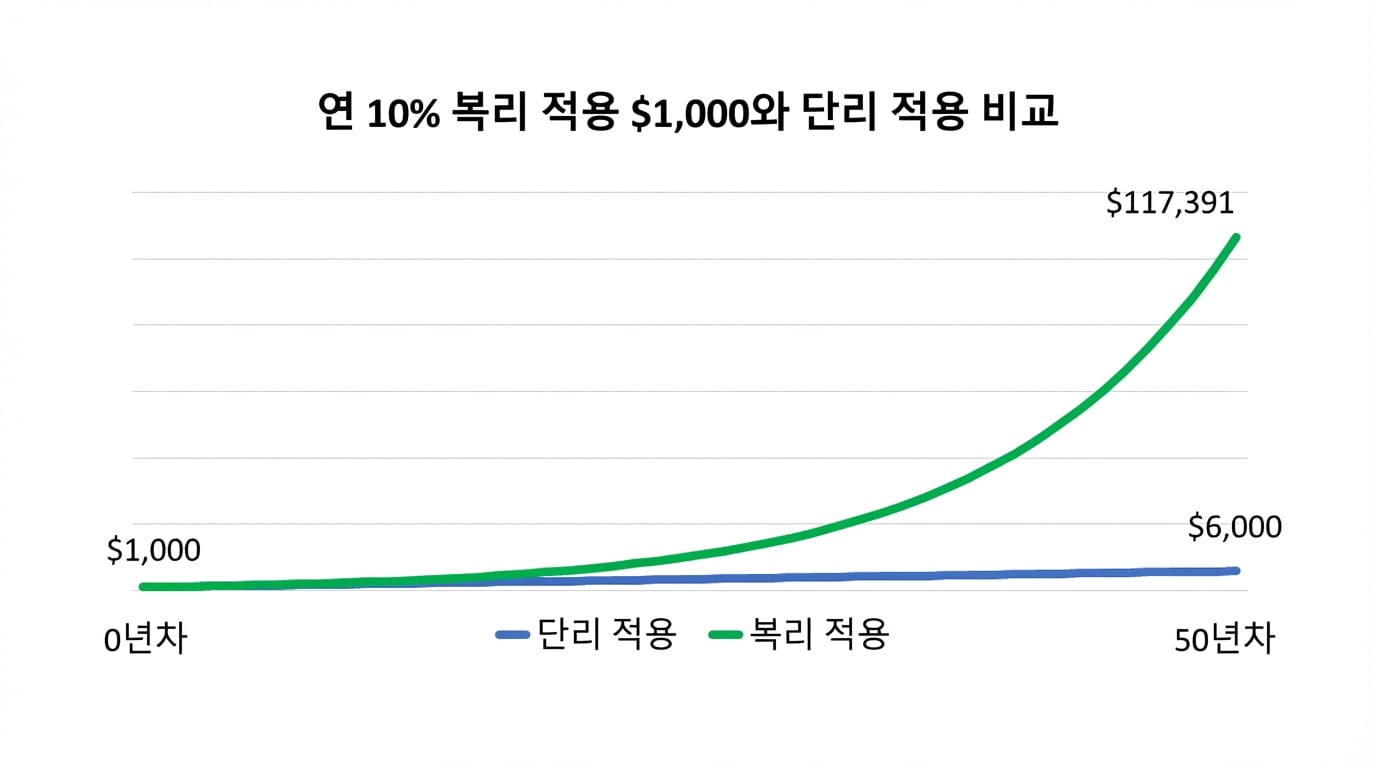 50년간 연 1회 복리 vs 비복리의 $1000 비교 그래프