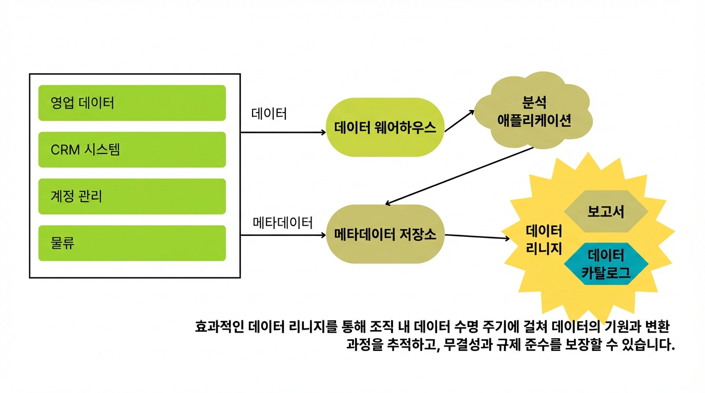 왼쪽 시스템 데이터가 메타데이터 관리로 보고서와 데이터 카탈로그로 변환됨