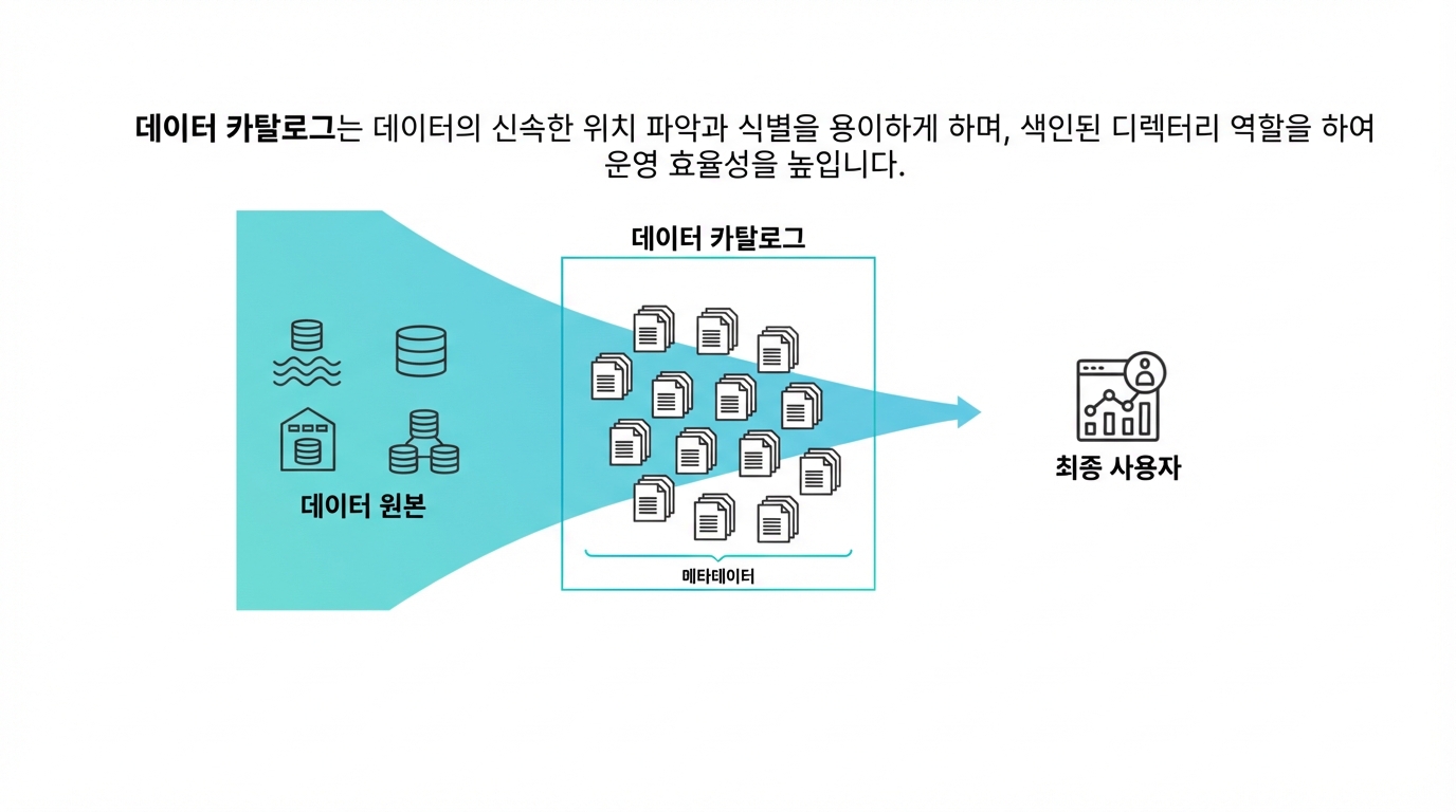 왼쪽의 이질적 데이터 시스템이 가운데 정돈된 스택으로 정리되고 오른쪽 최종 사용자로 화살표 이동