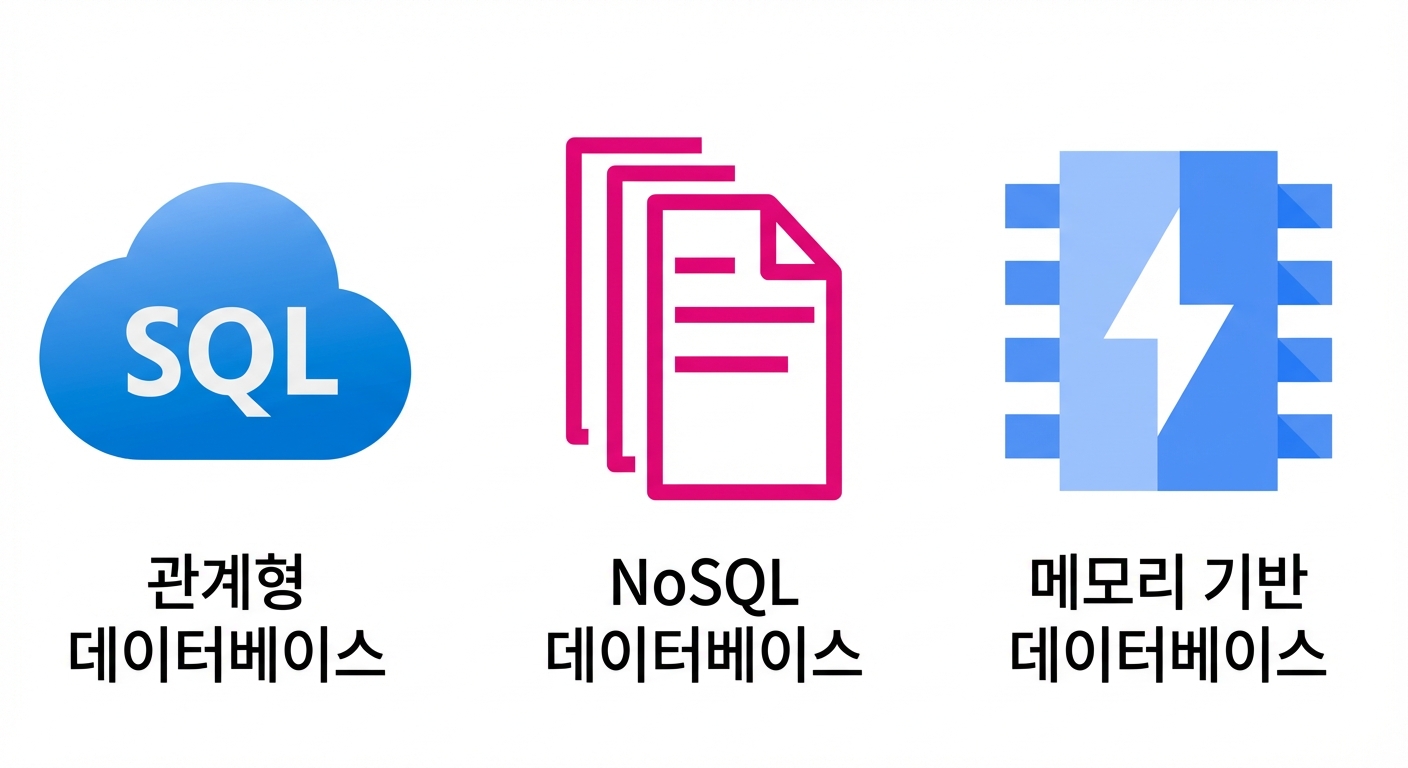 관계형, NoSQL, 메모리 기반 데이터베이스 아이콘.