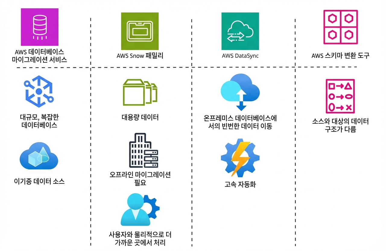 모든 AWS 데이터베이스 마이그레이션 서비스와 권장 사용 사례의 표.