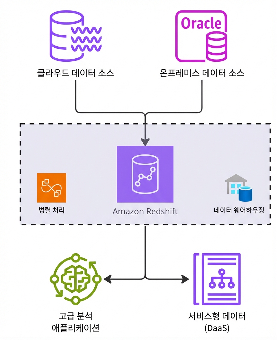 Amazon Redshift의 동작을 설명하는 아키텍처 다이어그램.