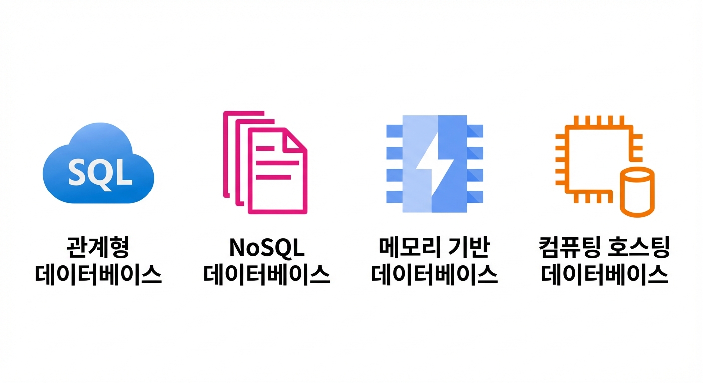 관계형, NoSQL, 메모리 기반, 컴퓨트 호스팅 DB 아이콘.