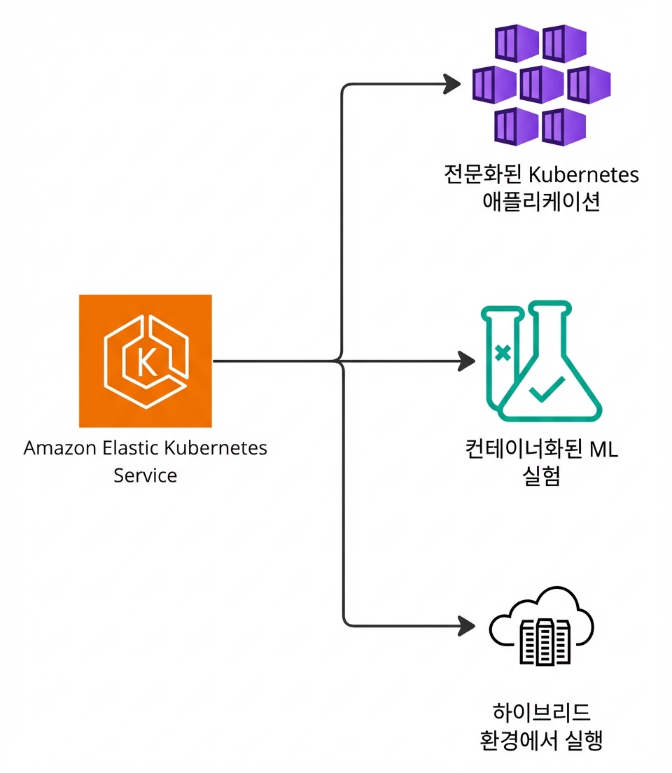 쿠버네티스, 머신러닝, 하이브리드 환경을 지원하는 Elastic Kubernetes Service를 보여주는 분기 다이어그램.