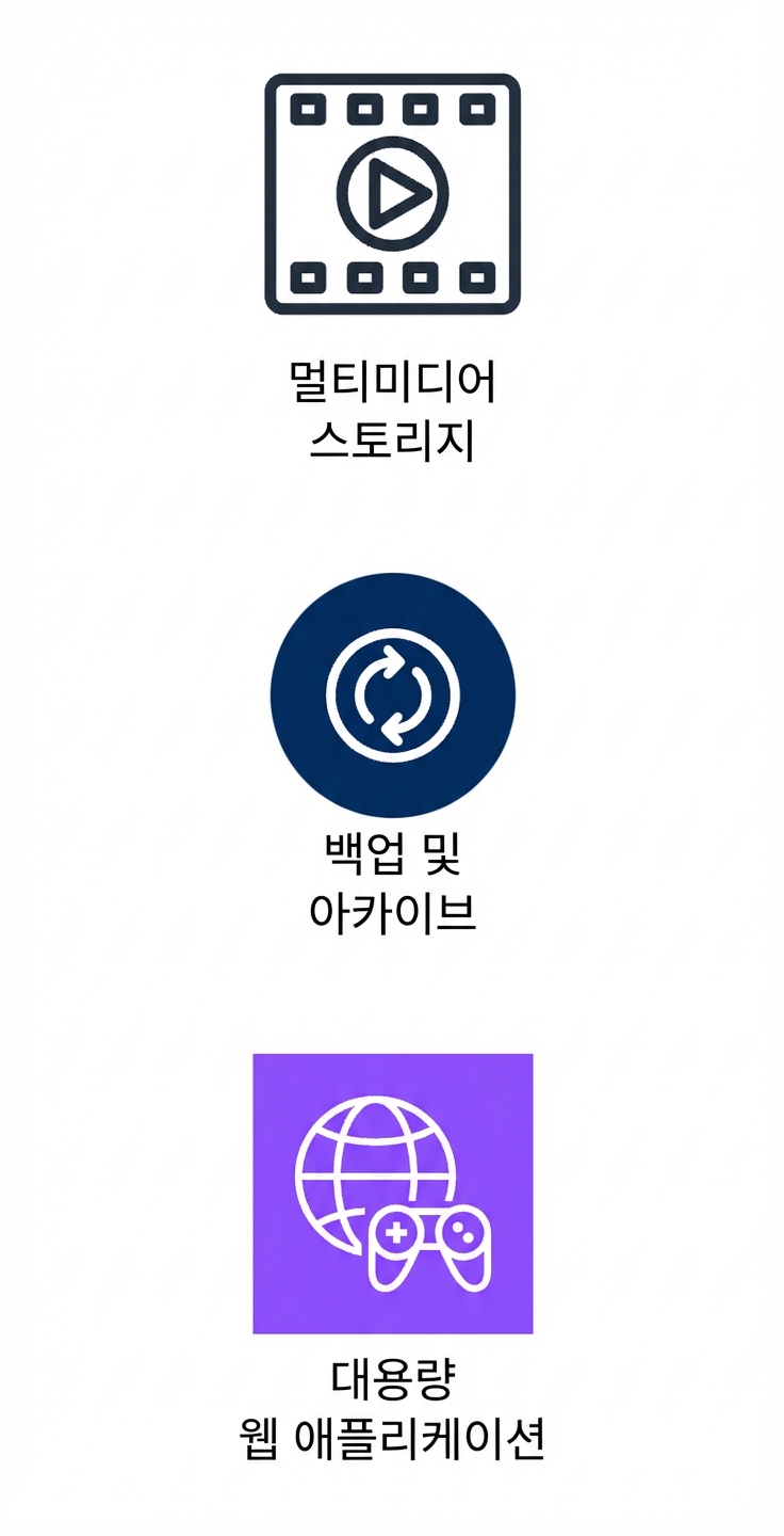멀티미디어 저장, 백업/아카이브, 대용량 웹 앱을 나타내는 세로 아이콘 3개.