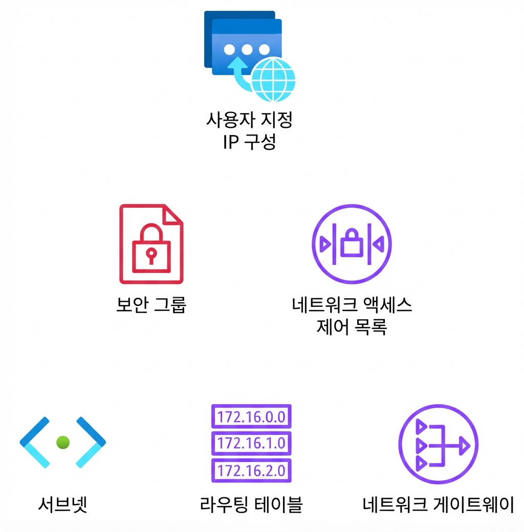네트워크 구성, 보안 그룹, 네트워크 액세스 제어 목록, 서브넷, 라우팅 테이블, 네트워크 게이트웨이를 보여주는 여러 아이콘.