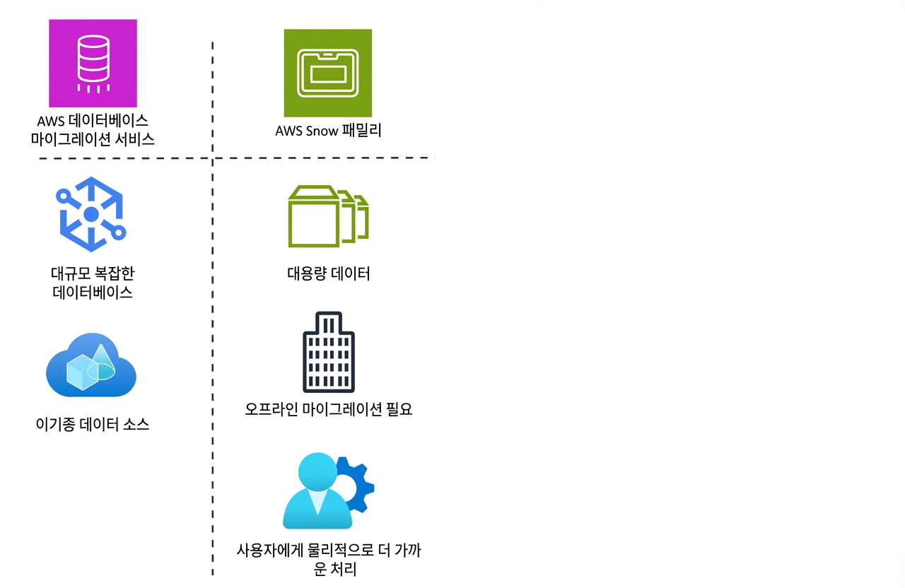 AWS Database Migration Service와 AWS Snow Family 기능 아이콘의 표 형식 목록.