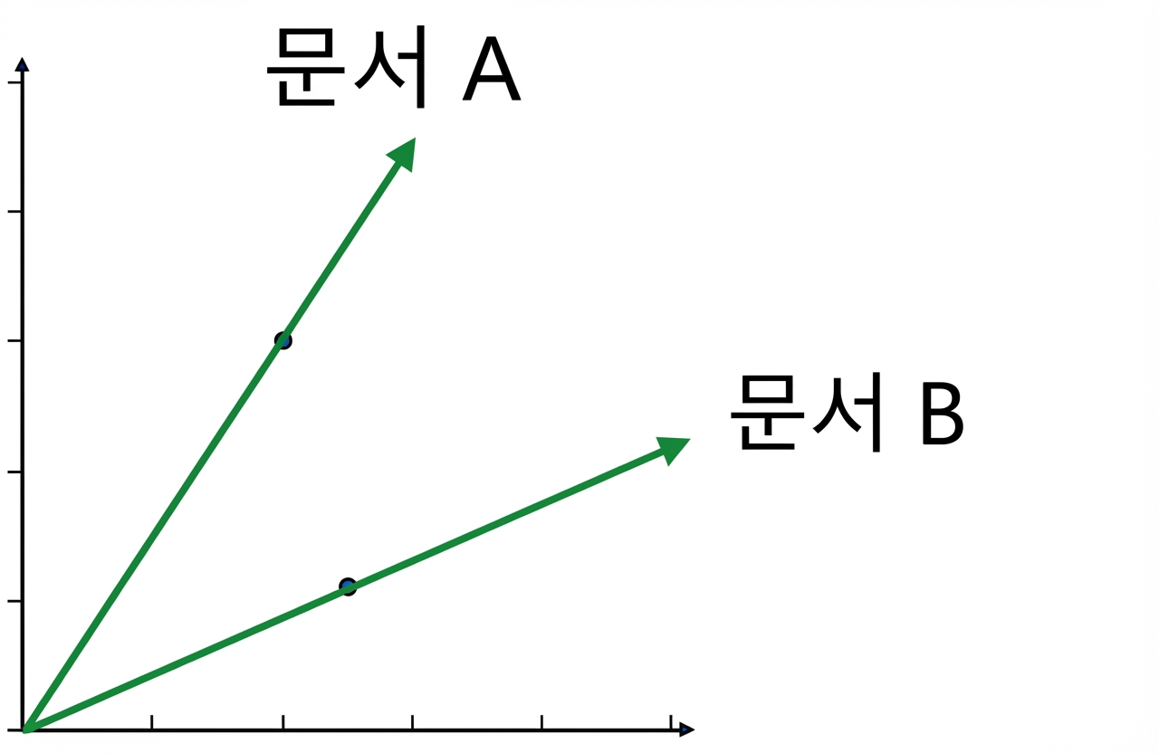 문서 A와 문서 B의 산점도. 원점에서 다른 각도의 두 직선이 각 문서를 지남