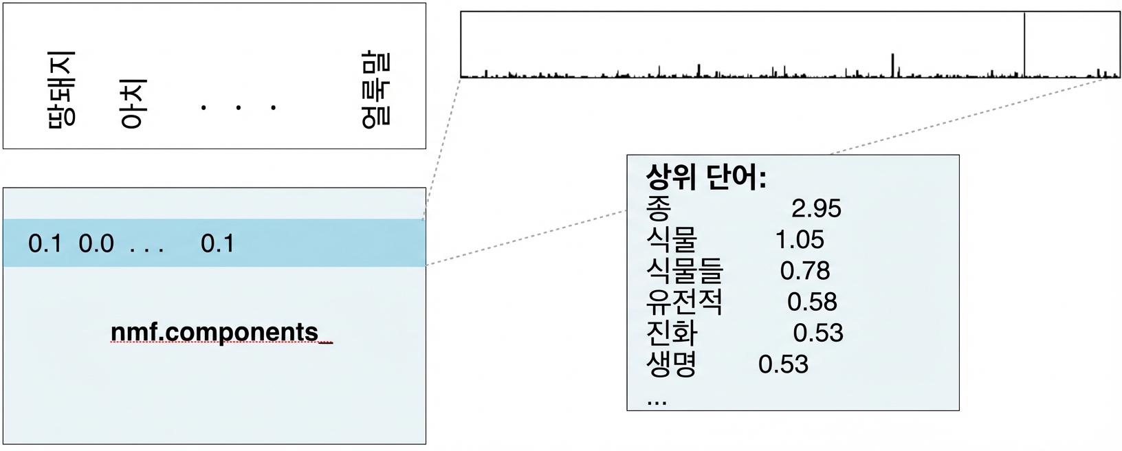 상자에 상위 단어와 값: species 2.95, plant 1.05, plants 0.78 등