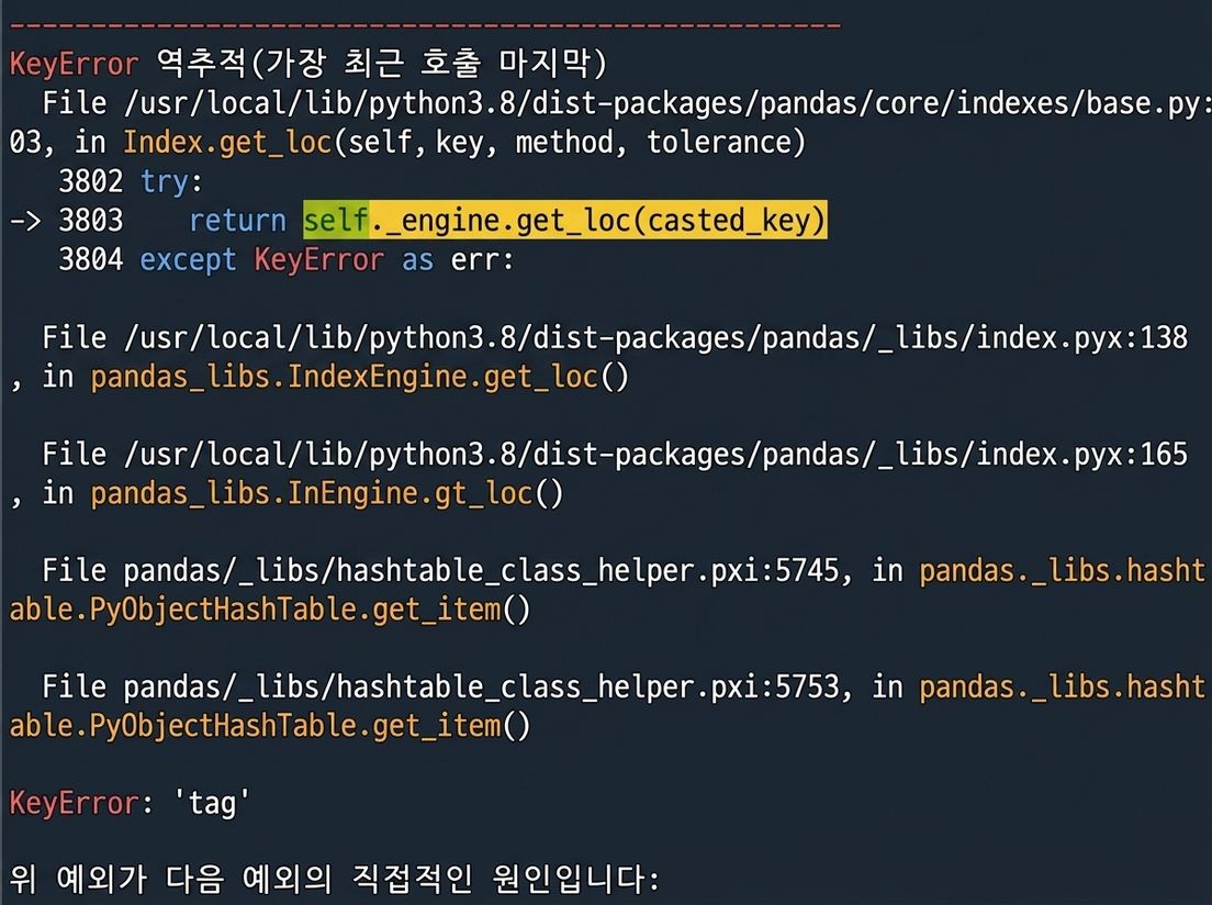 실행 시 오류를 발생시킨 파일과 KeyError 오류 유형을 보여주는 트레이스백