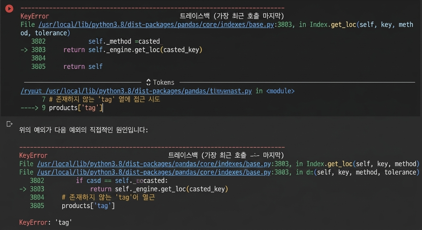 존재하지 않는 열에서 pandas DataFrame을 부분집합하려다 발생한 트레이스백
