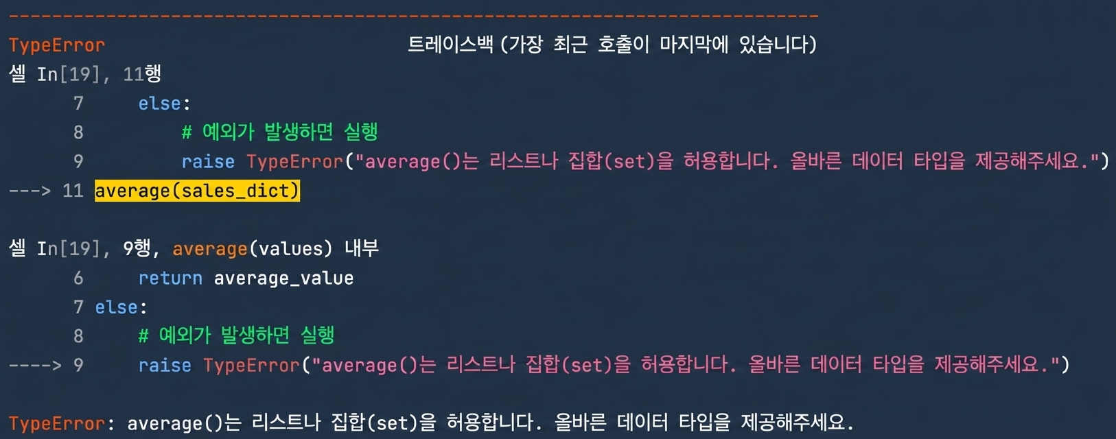 올바른 데이터 유형을 제공하라는 사용자 지정 메시지를 보여주는 TypeError 출력