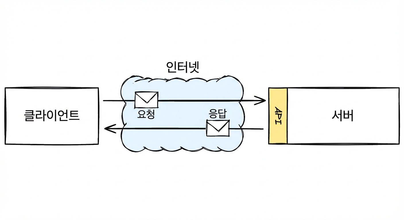 API를 통한 인터넷 상의 클라이언트-서버 상호작용과 요청/응답 메시지 라벨이 있는 다이어그램.