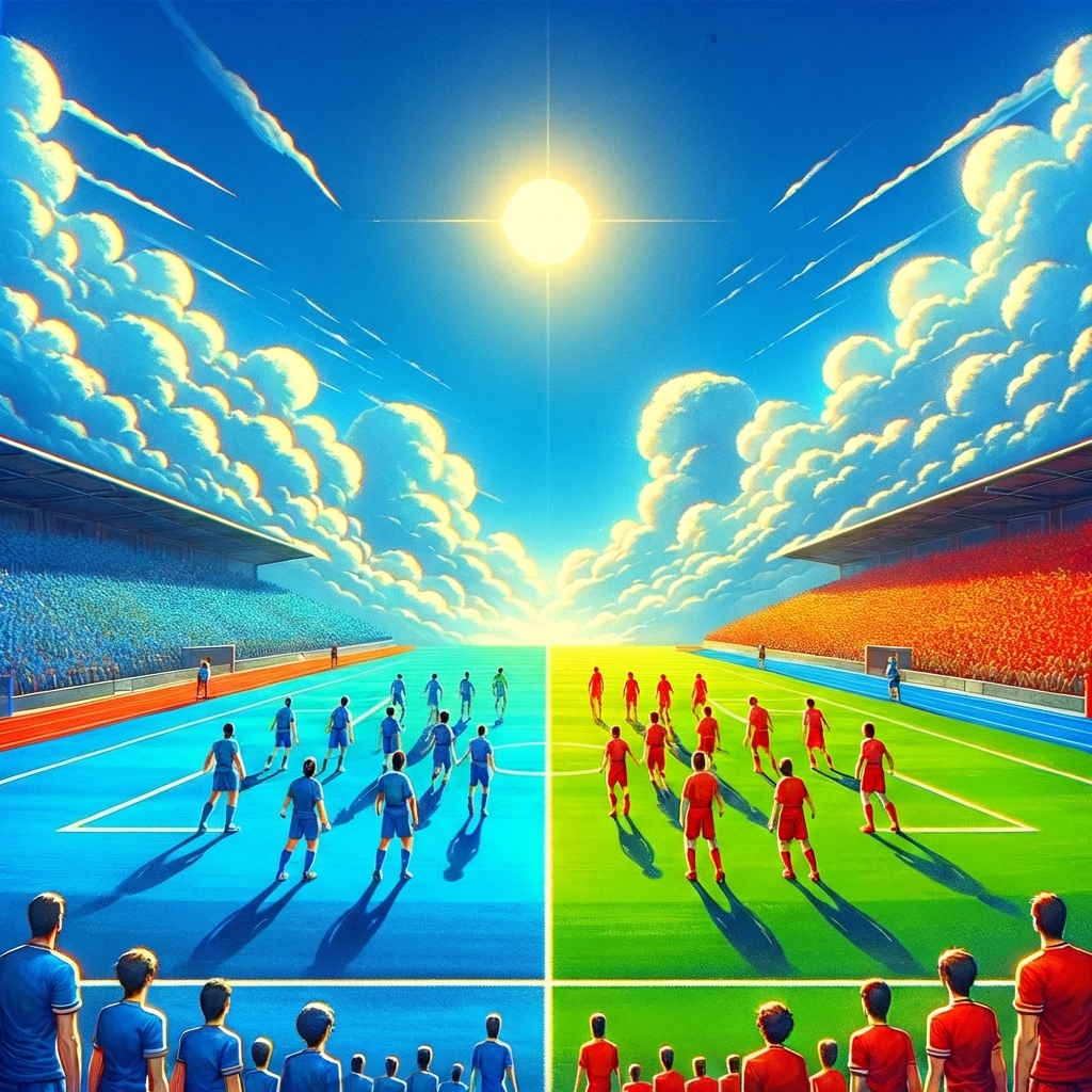 서로 맞붙어 경기하는 빨간 팀과 파란 팀의 축구 이미지
