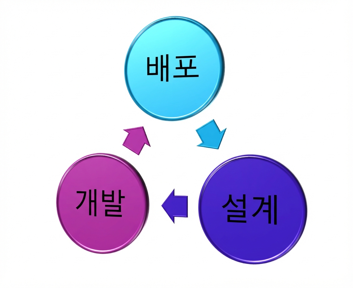세 요소(설계, 개발, 배포) 다이어그램으로, 배포가 상단에 있음