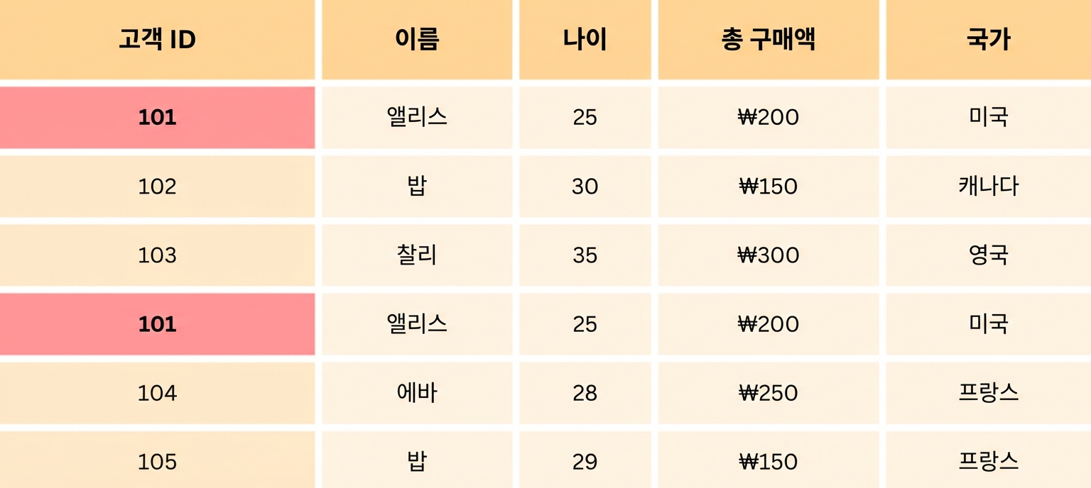 고객 ID가 강조된 중복 제거 테이블.
