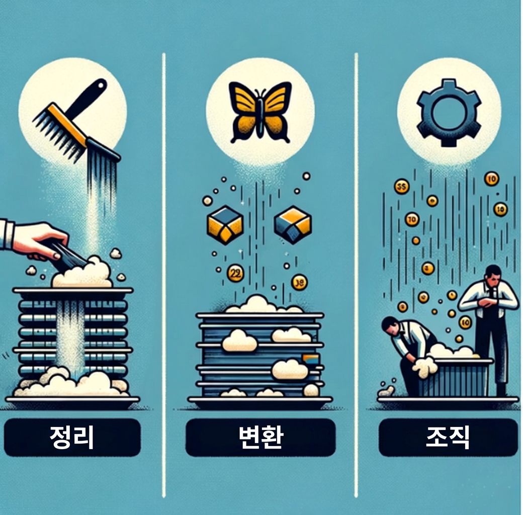 데이터 정리, 변환, 구성 보여주는 이미지
