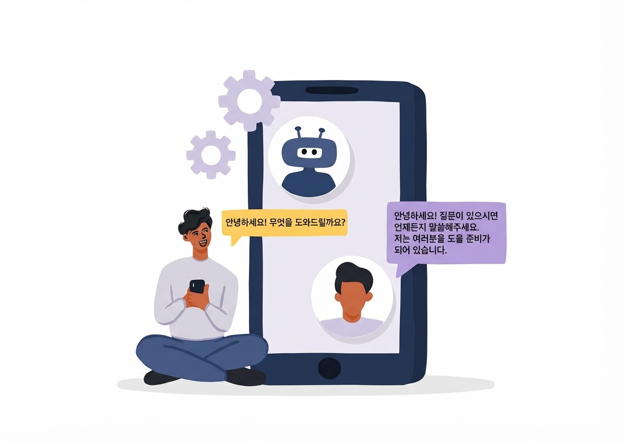 고객 서비스 봇과 채팅하는 고객의 일러스트