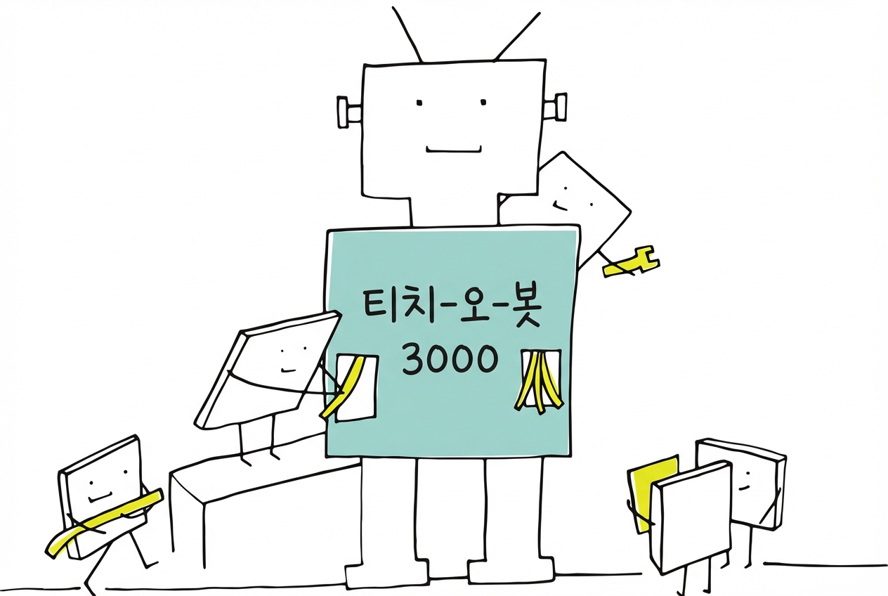 대형 로봇을 만드는 캐릭터들의 장난스러운 이미지