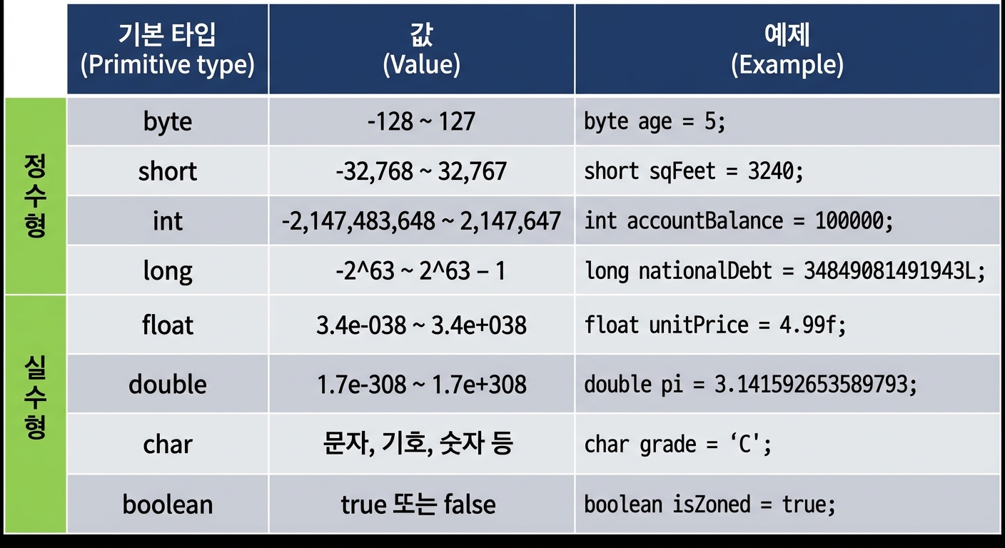 기본 타입 요약 표 - byte, short, int, long, float, double, char, boolean
