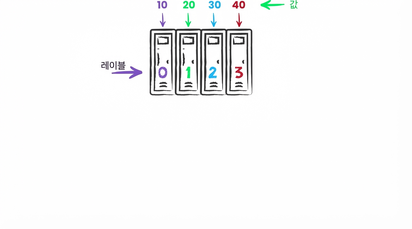 첫째, 둘째, 셋째, 넷째 사물함에 각각 10, 20, 30, 40이 들어 있음