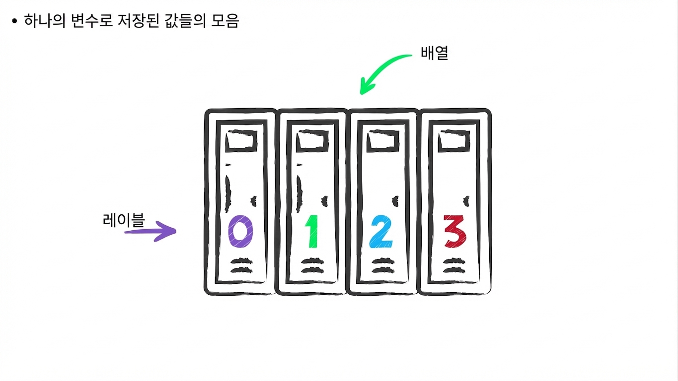 각 사물함에 번호(인덱스)가 붙은 일렬의 사물함으로 표현된 배열