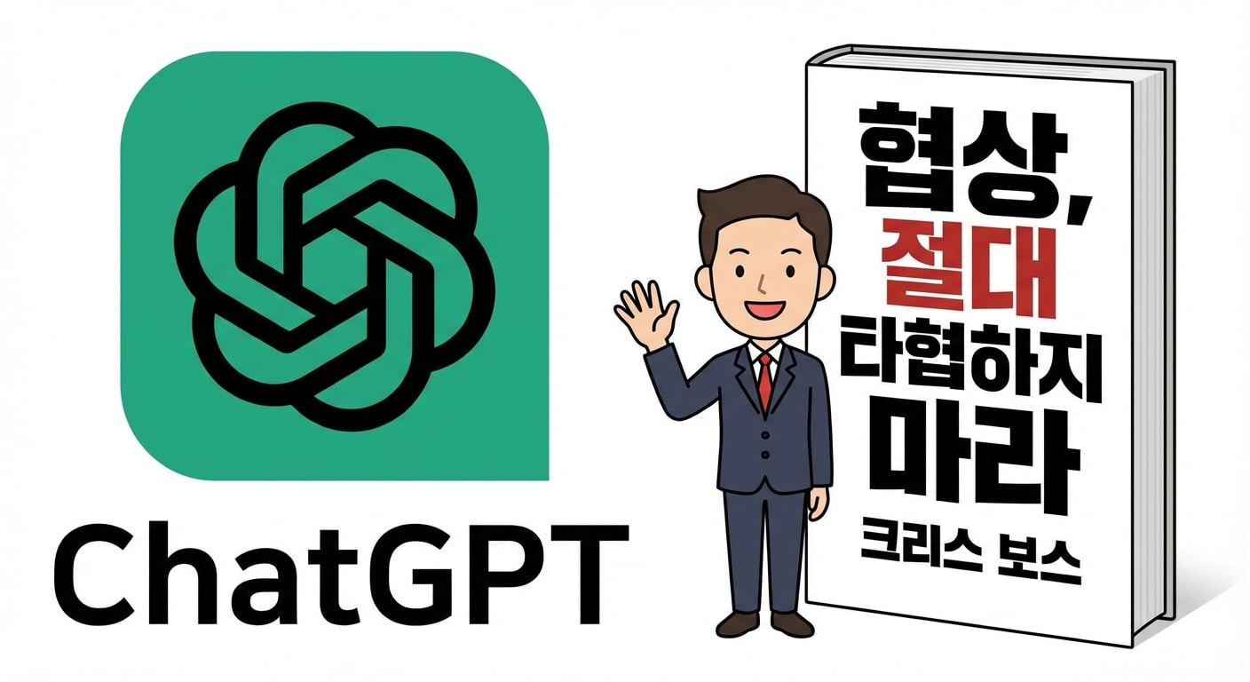 ChatGPT 로고, 정장을 입고 손을 흔드는 만화 남성, 그리고 "Never Split the Difference" 책이 보임