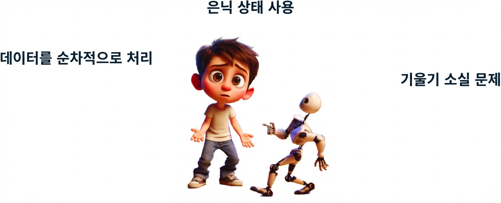 작은 로봇을 보며 혼란스러워하는 소년 일러스트
