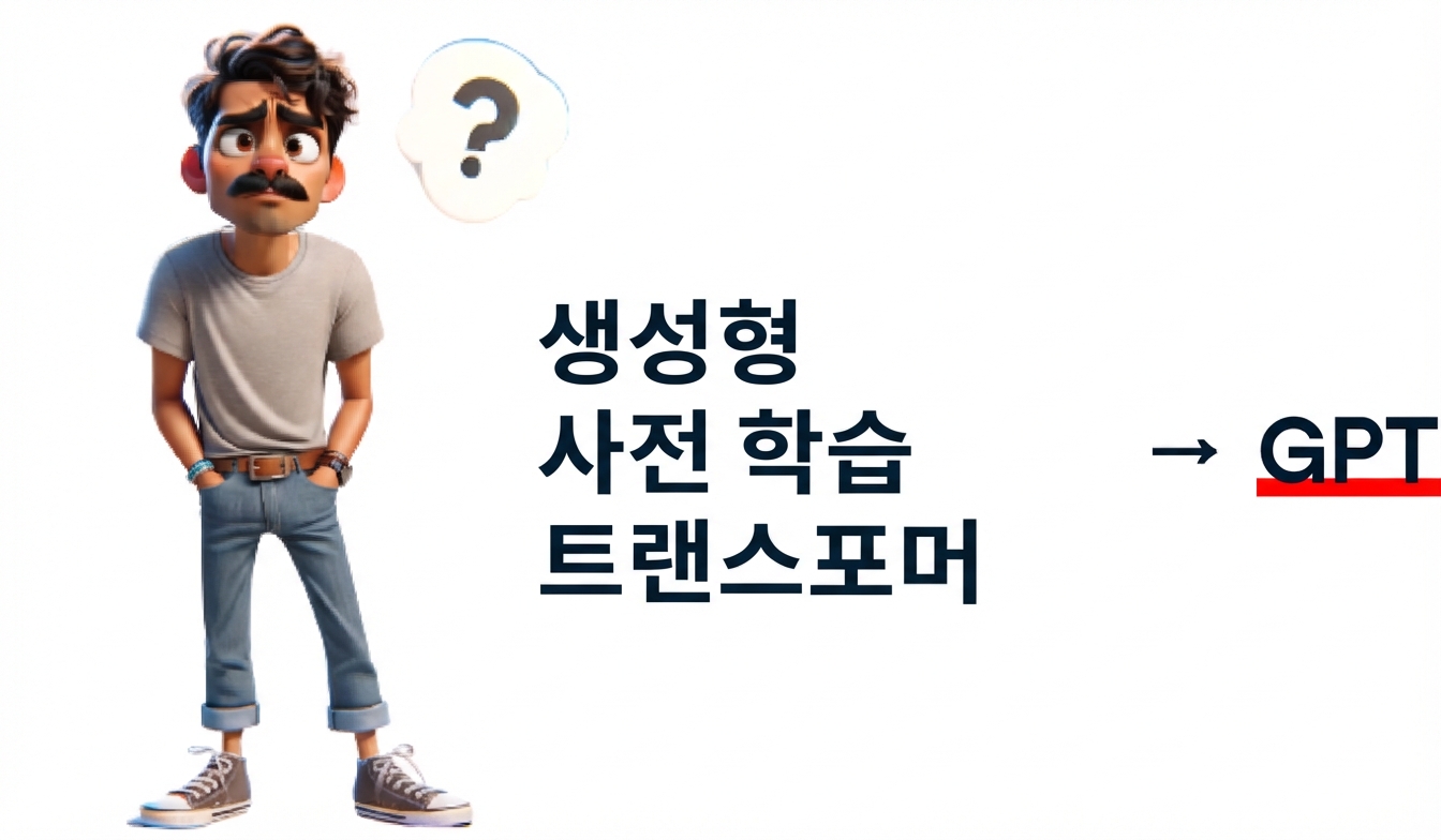 혼란스러운 남성 위에 물음표가 있고, 오른쪽에는 'Generative Pre-trained Transformer' 텍스트와 'GPT'로 가리키는 화살표(굵게 밑줄) 그림