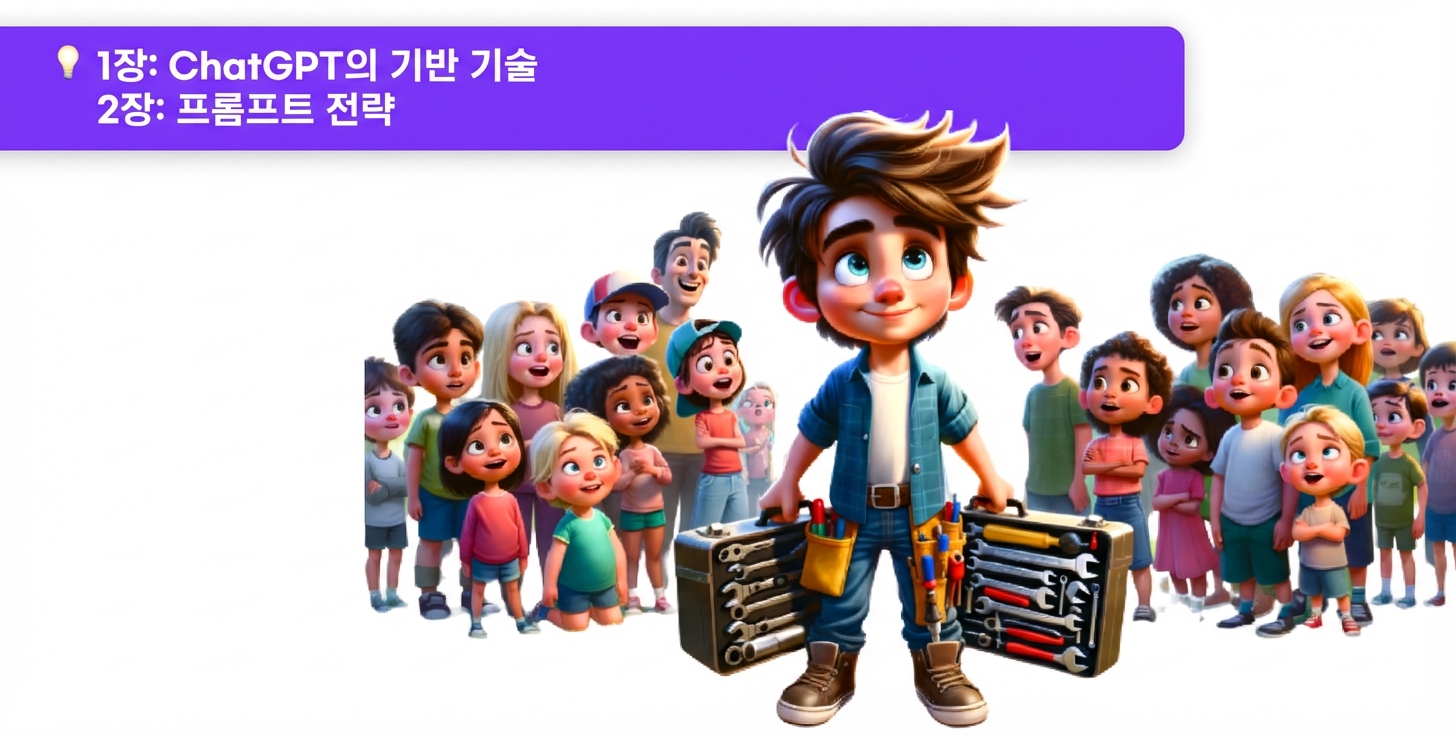 도구를 든 사람과 이를 지켜보는 군중의 일러스트