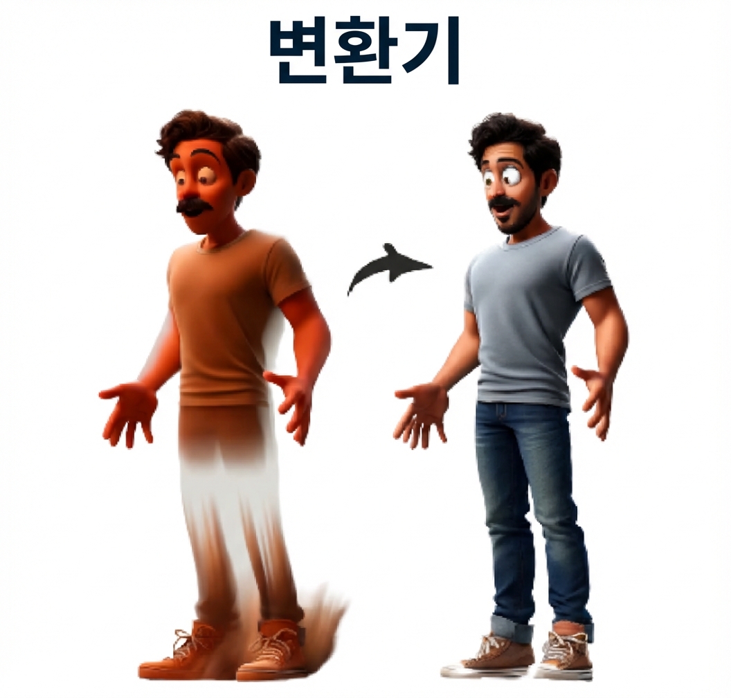 한 남성이 한 상태에서 다른 상태로 변하는 그림, 위에 'Transformer'라는 단어가 있음