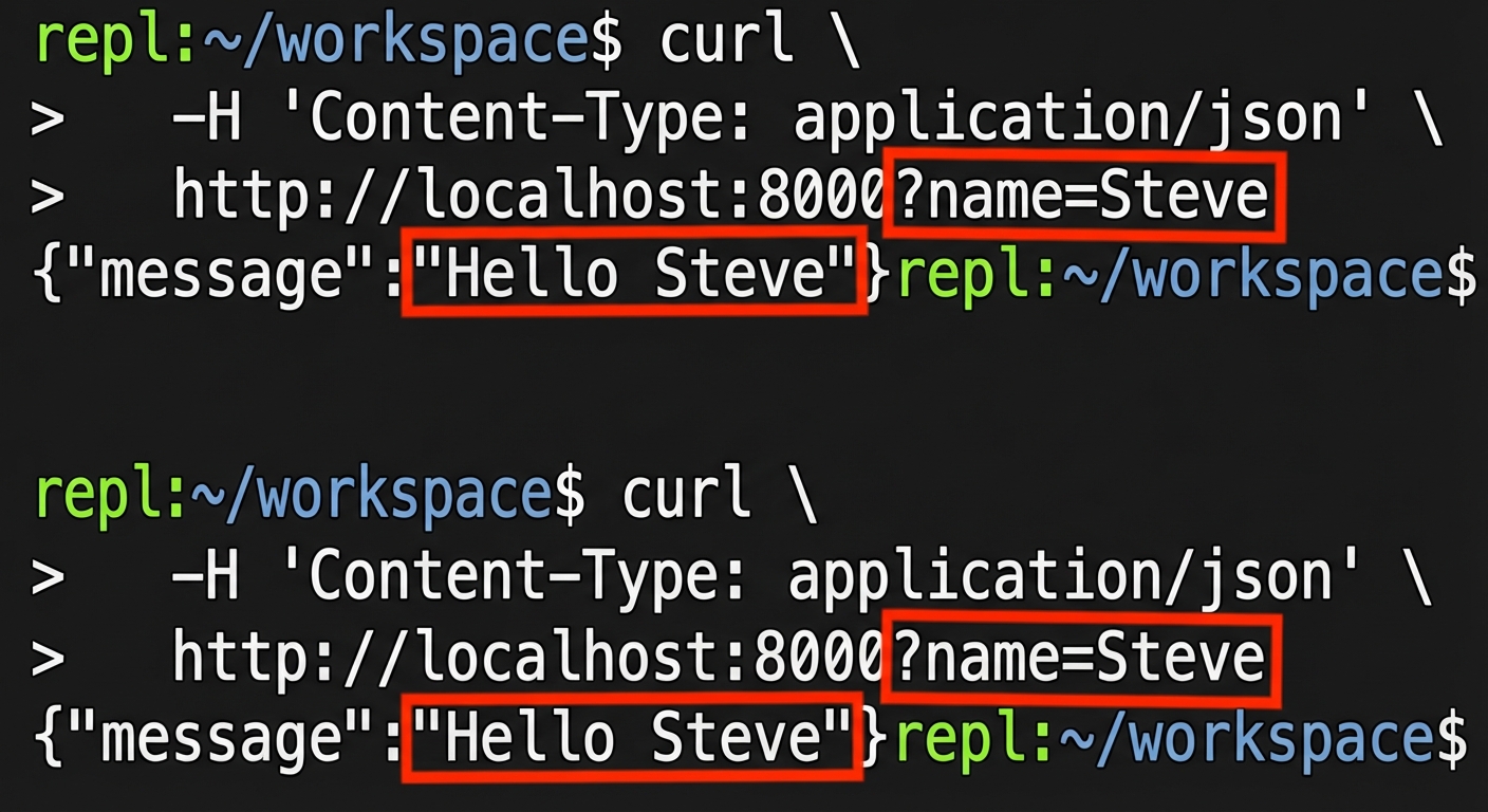 이름을 포함해 curl 요청한 터미널. 응답은 "Hello Steve."