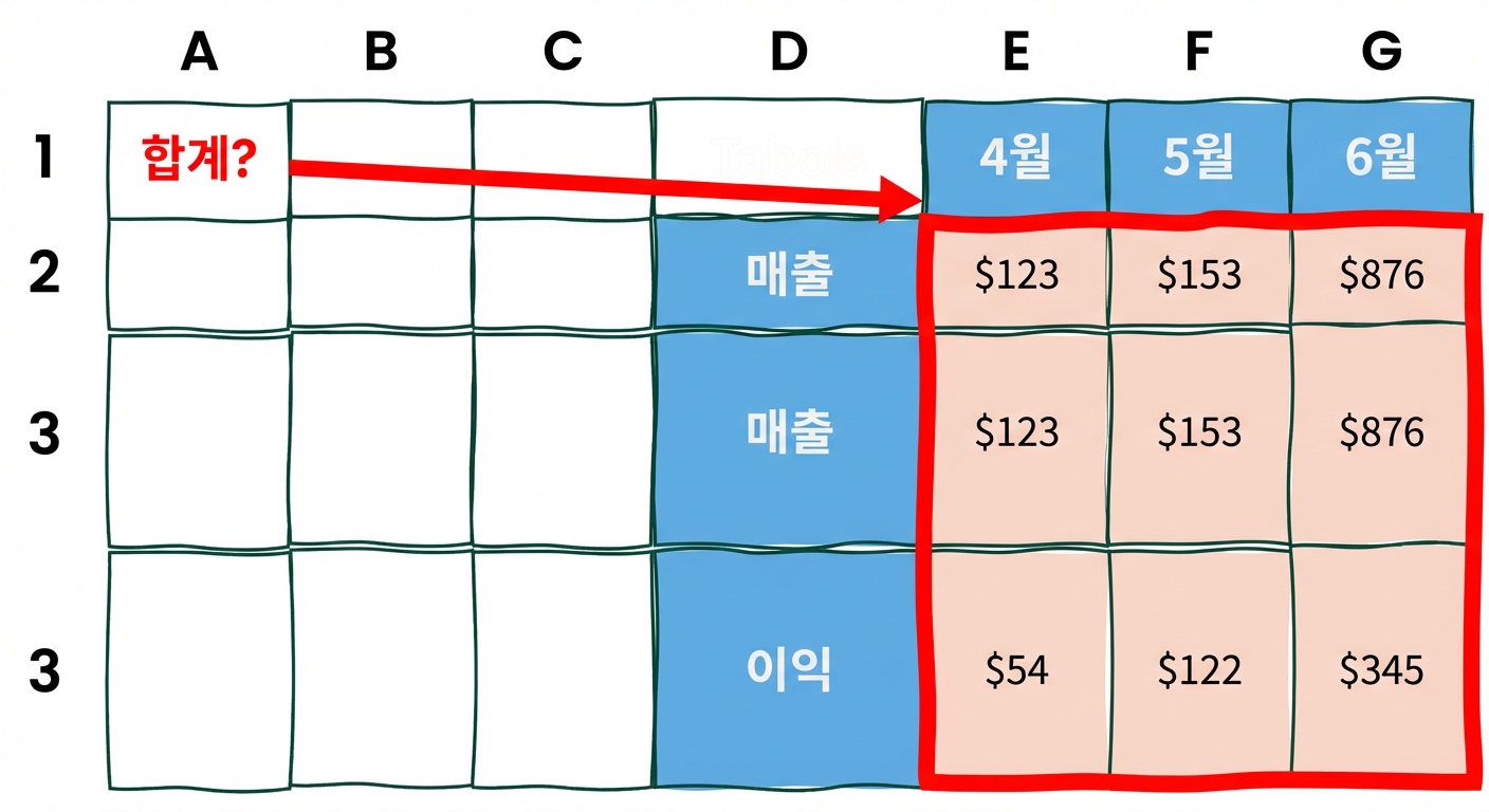 합산 배열을 나타내는 두 행 두 열의 표