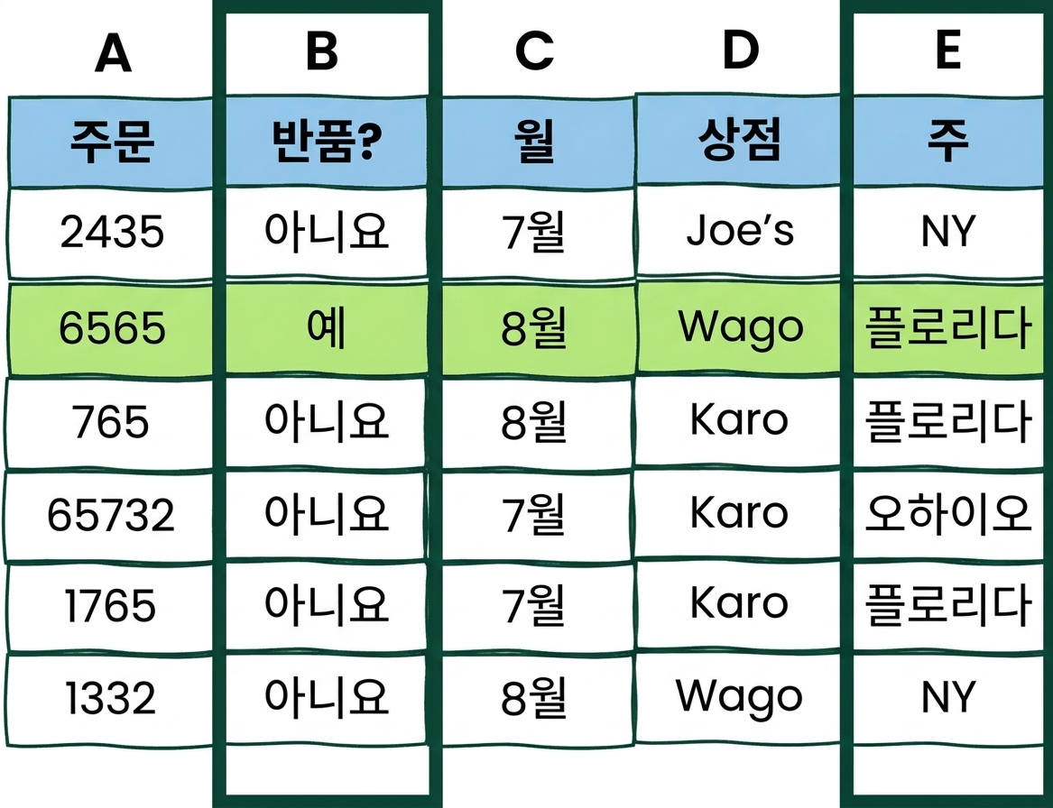 두 개의 AND 조건이 있는 Excel 테이블 예시