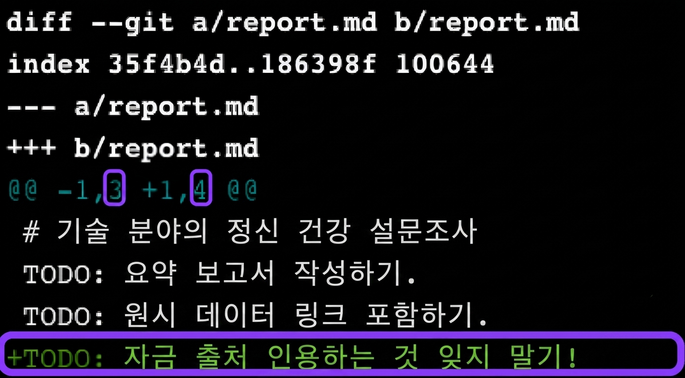 가장 최근과 세 번째 최신 커밋 간 git diff 출력 - 최신 버전에 한 줄 추가됨
