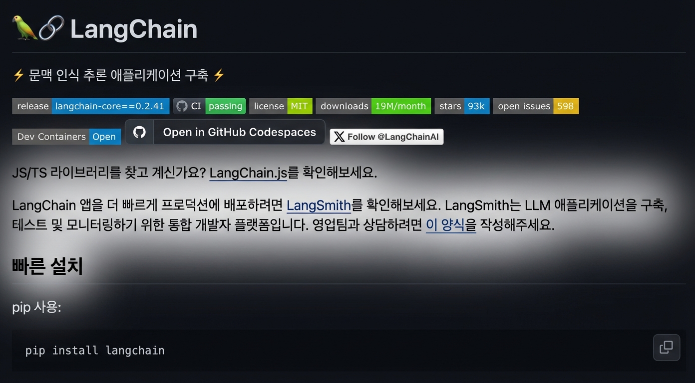 LangChain GitHub의 README.md 렌더링 결과.