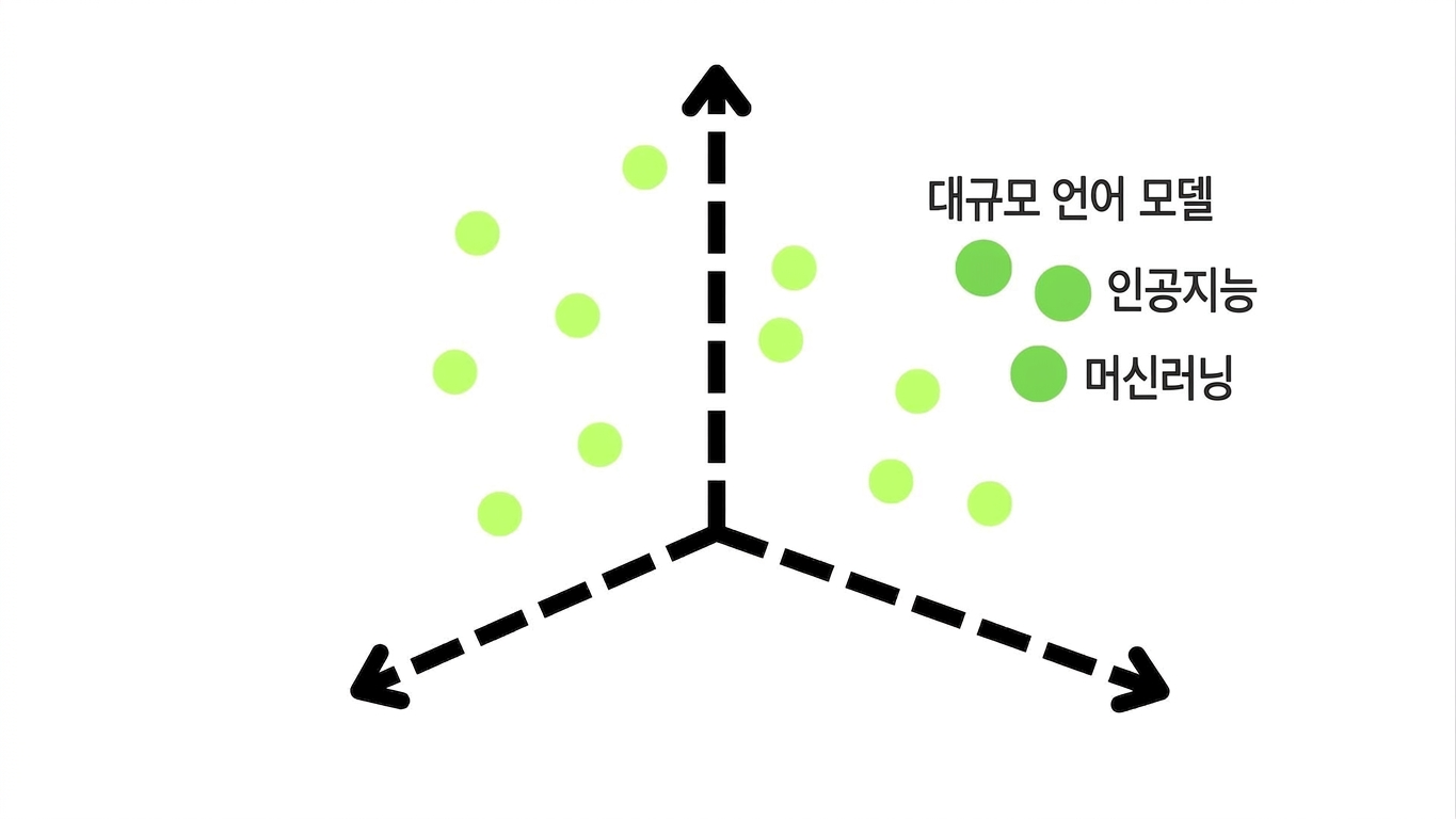 유사한 용어들이 함께 그룹화된 벡터 공간: 대형 언어 모델, AI, 머신 러닝.