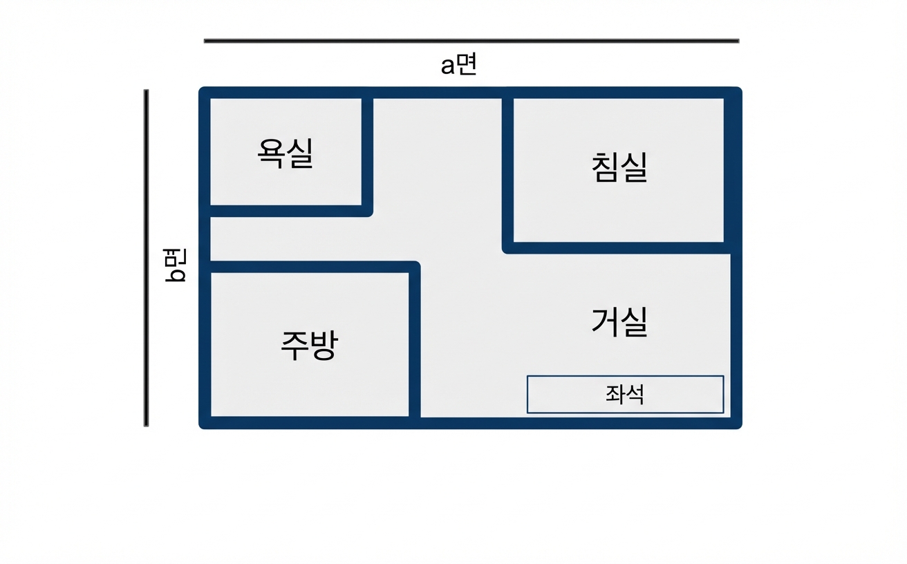 길이와 너비가 각각 "side a", "side b"로 표시된 원룸의 직사각형 평면도.