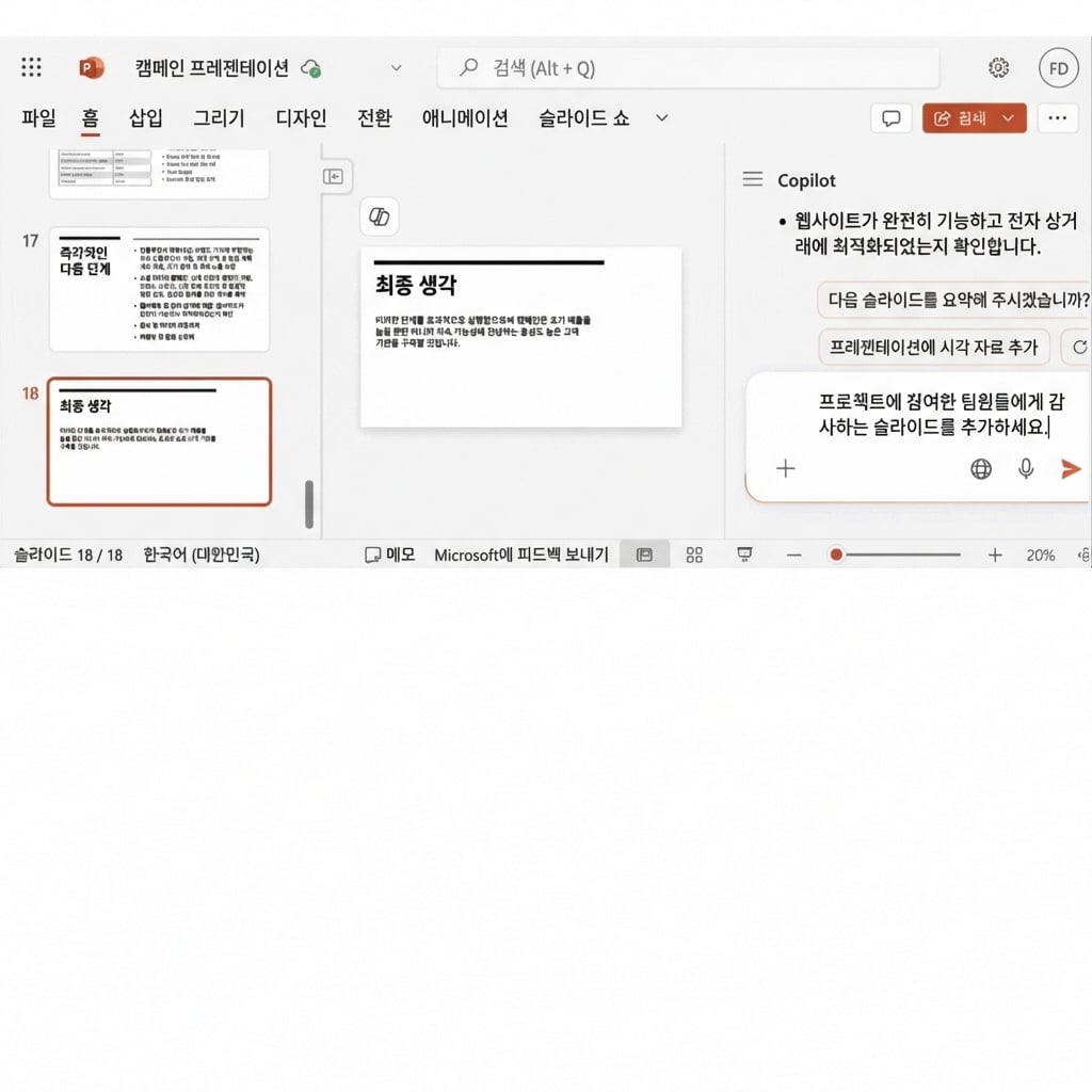 PowerPoint 슬라이드. Copilot 채팅이 열려 있으며 사용자에게 슬라이드 추가를 요청받는 대화가 표시됨.