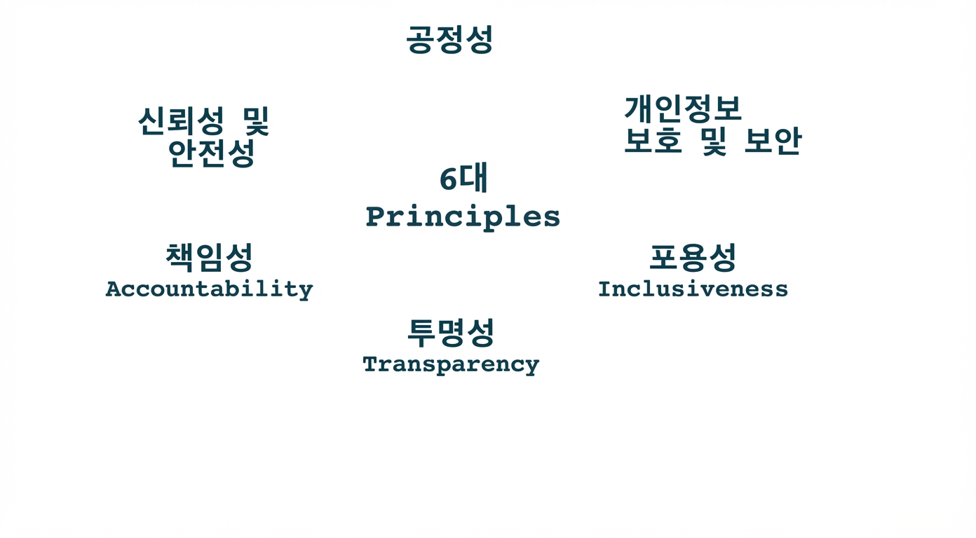 "6가지 원칙" 텍스트와 해당 원칙을 나타내는 용어: 공정성, 개인 정보 보호 및 보안, 신뢰성 및 안전성, 책임성, 포용성, 투명성.