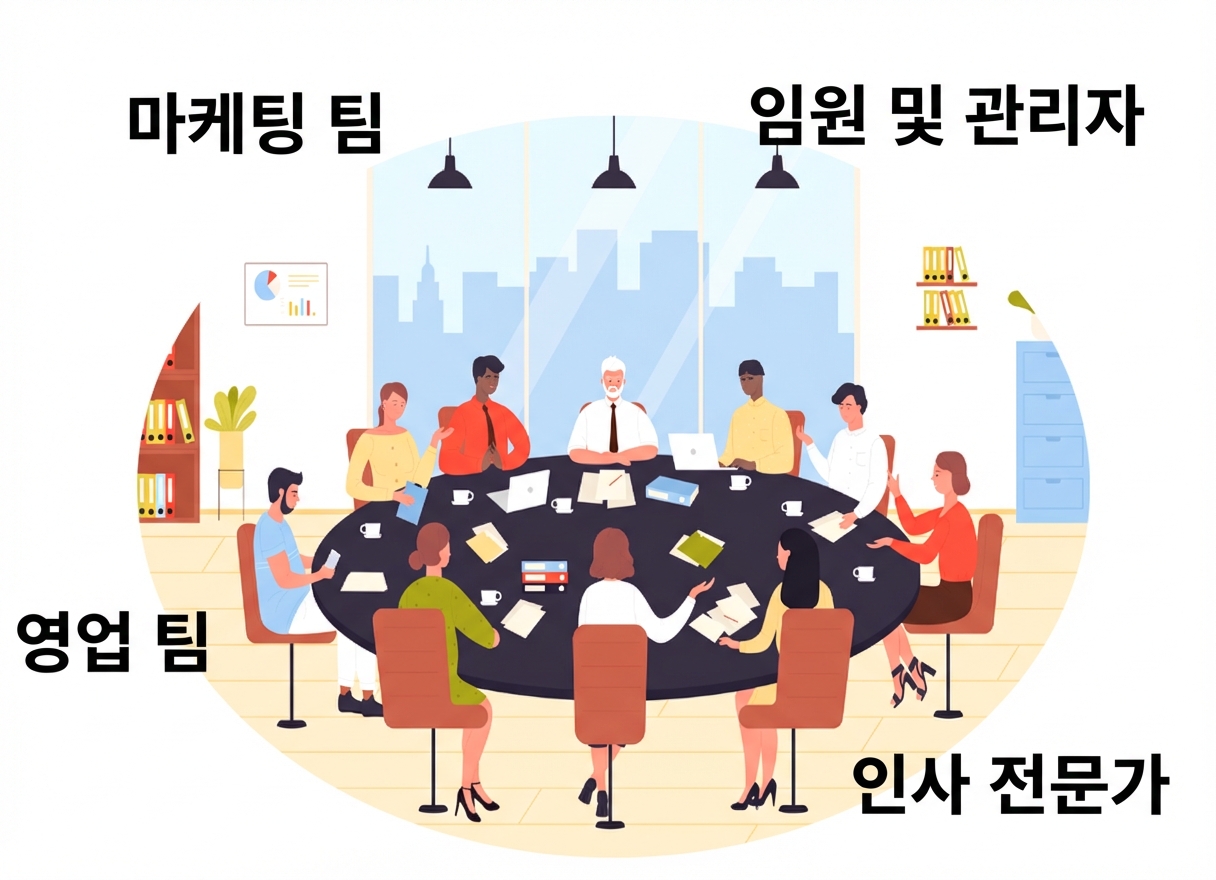 마케팅, 영업, HR 전문가, 임원 등 다양한 전문가들이 회의실의 대형 테이블에 둘러앉아 있는 일러스트.