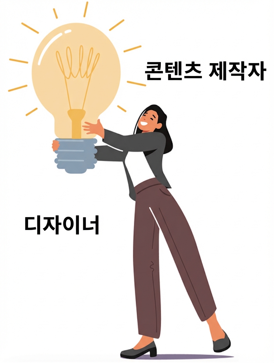 콘텐츠 제작 및 디자인 직군을 나타내는, 대형 전구를 들고 있는 콘텐츠 크리에이터 또는 디자이너 이미지.