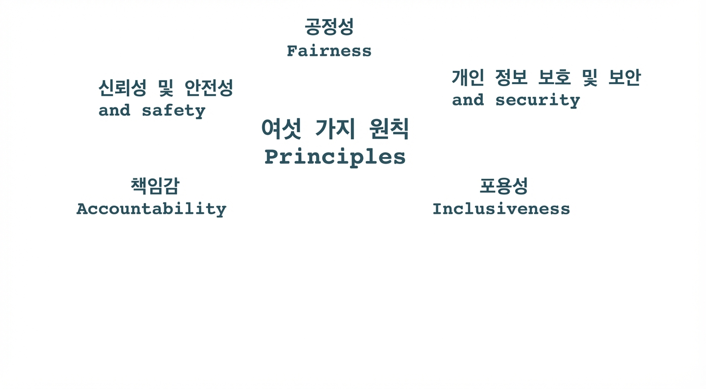 "6가지 원칙" 텍스트와 해당 원칙을 나타내는 용어: 공정성, 개인 정보 보호 및 보안, 신뢰성 및 안전성, 책임성, 포용성