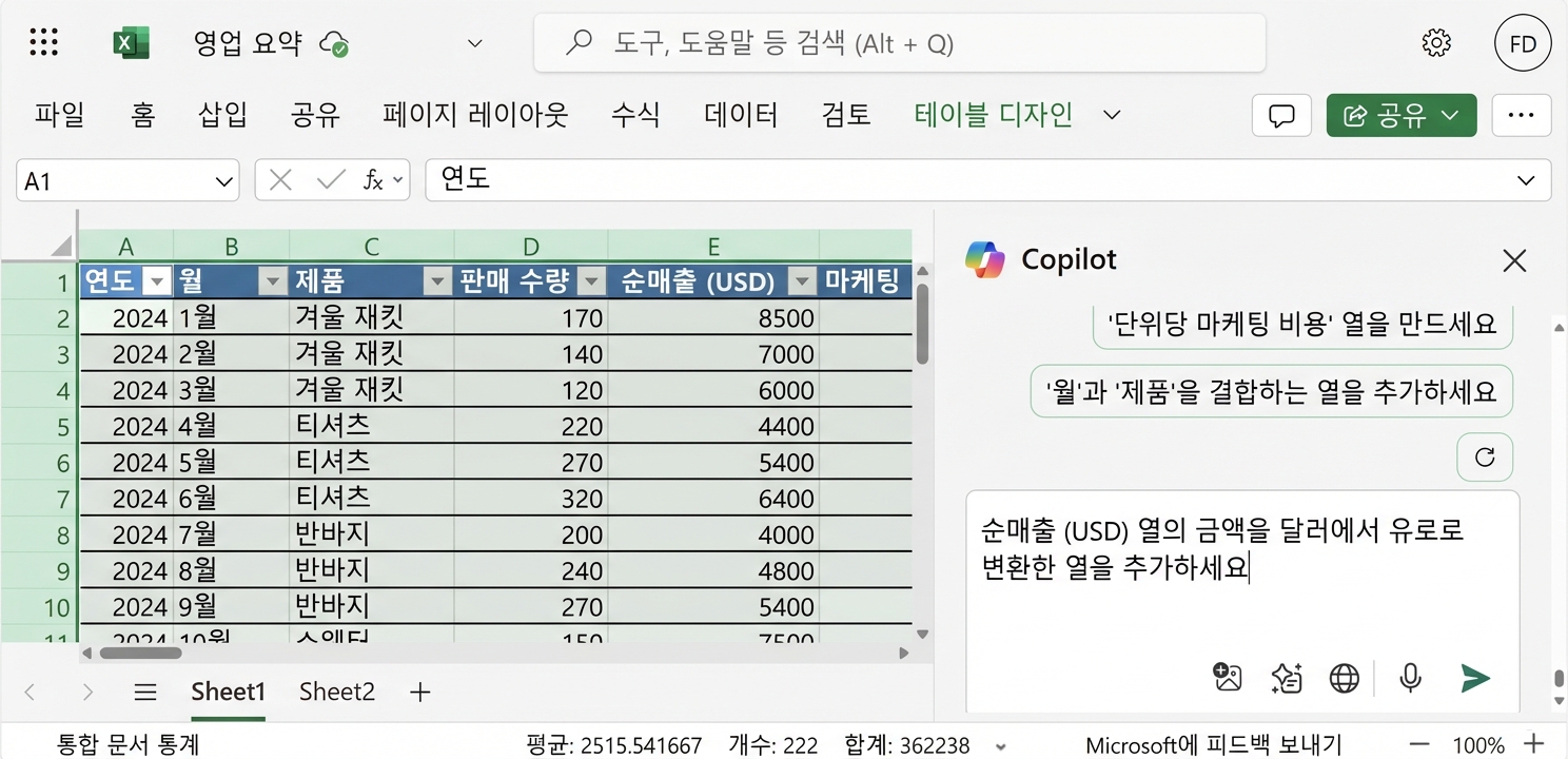 의류 제품 데이터가 표시된 Excel 문서와 값을 유로로 변환 요청하는 Copilot 채팅 창.