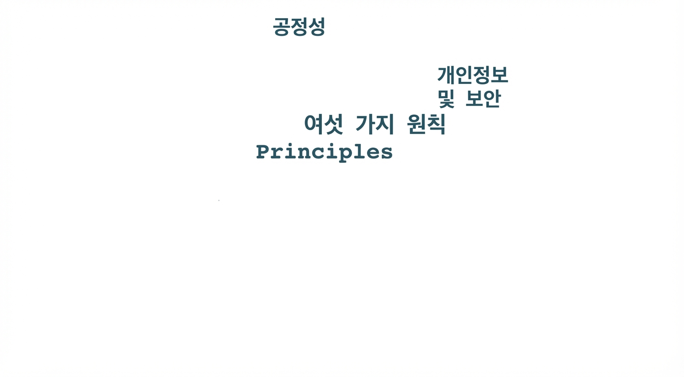 "6가지 원칙" 텍스트와 해당 원칙을 나타내는 용어: 공정성, 개인 정보 보호 및 보안