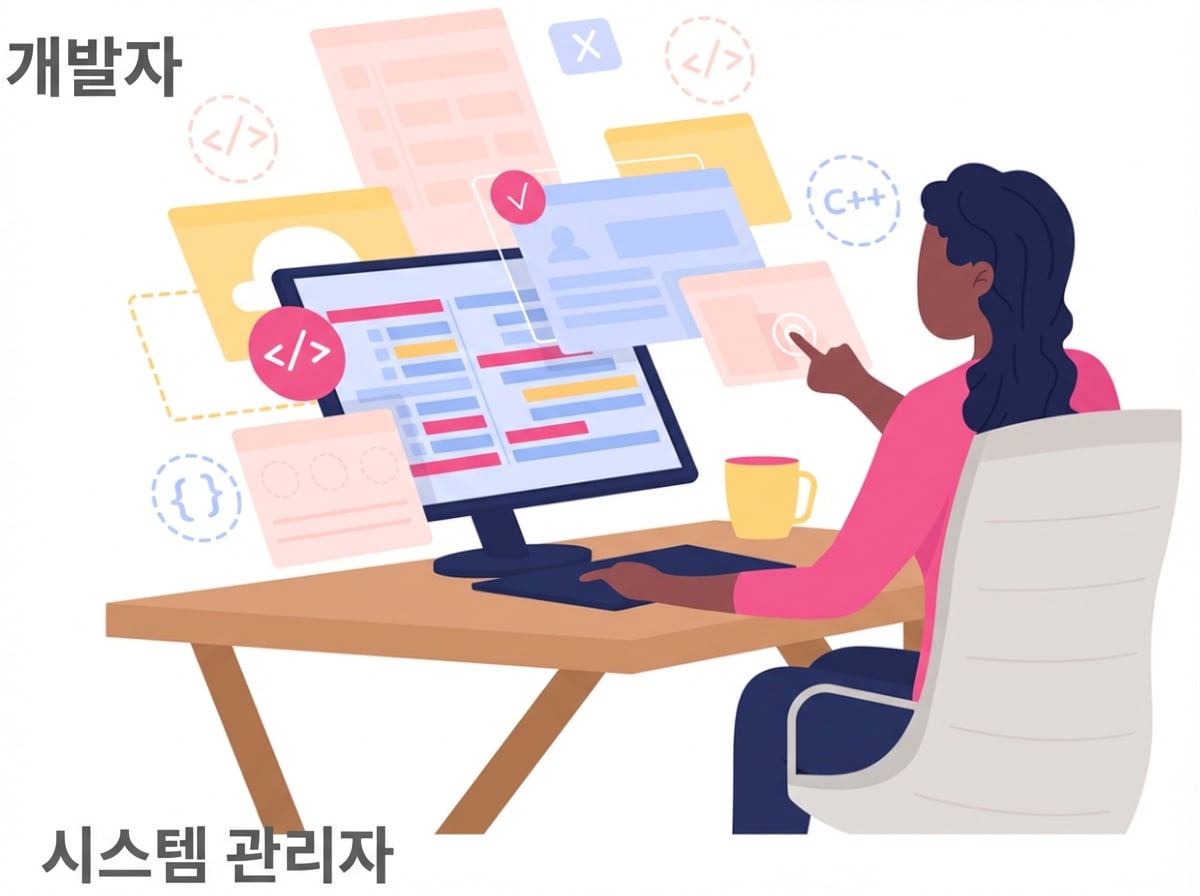여러 화면에 코드와 시스템 인터페이스를 띄워 놓고 작업하는 개발자 또는 시스템 관리자로, 기술 직군을 나타내는 이미지.
