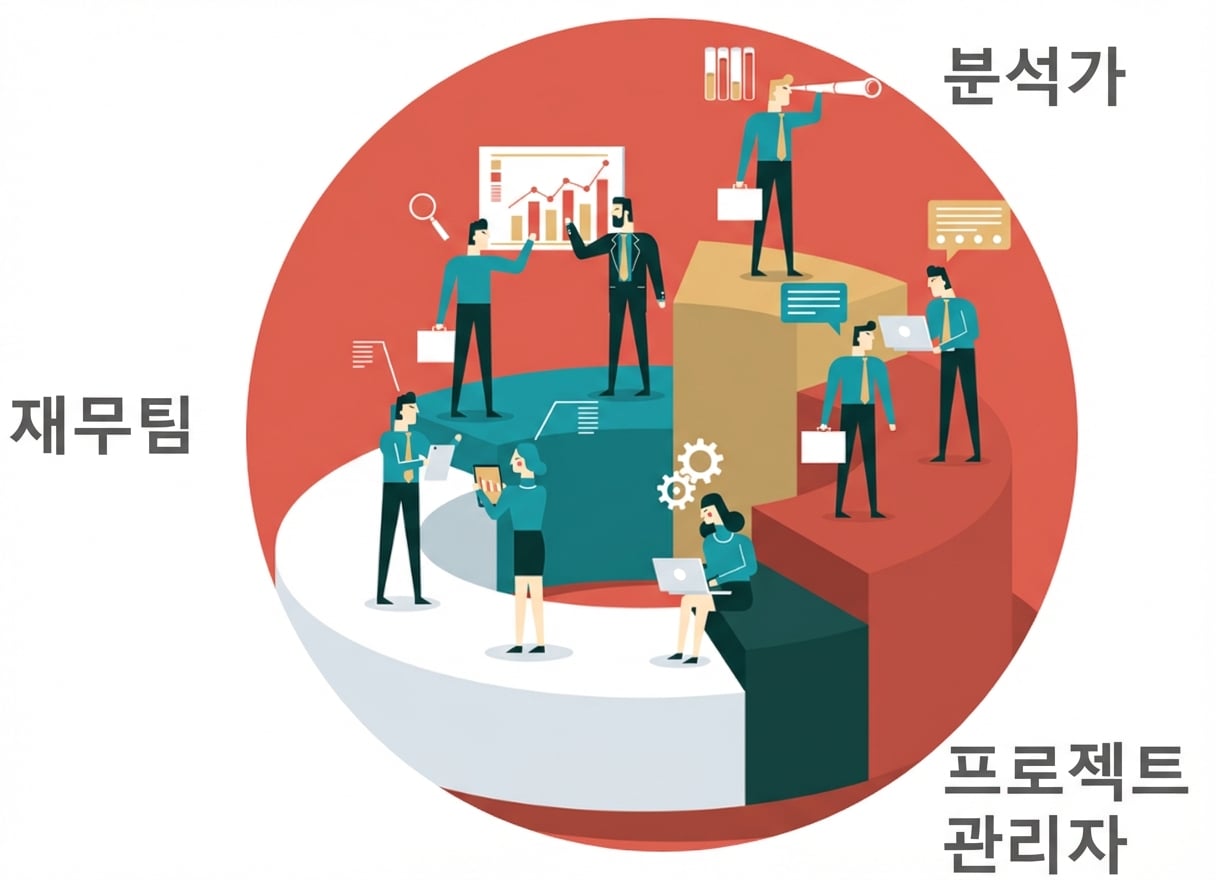 재무 전문가, 분석가, 프로젝트 매니저, 관리자 등이 협업하는 모습으로 지식 근로자를 나타내는 이미지.
