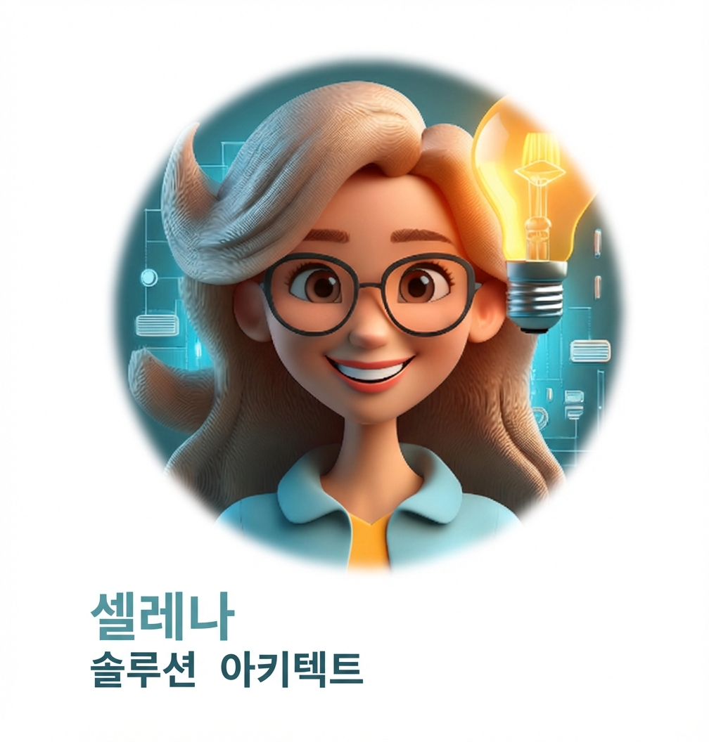 안경을 쓴 미소 짓는 여성의 일러스트. 디지털 아이콘과 빛나는 전구로 둘러싸여 있으며, 옆에 "Selena, Solution Architect"라는 텍스트가 있음.