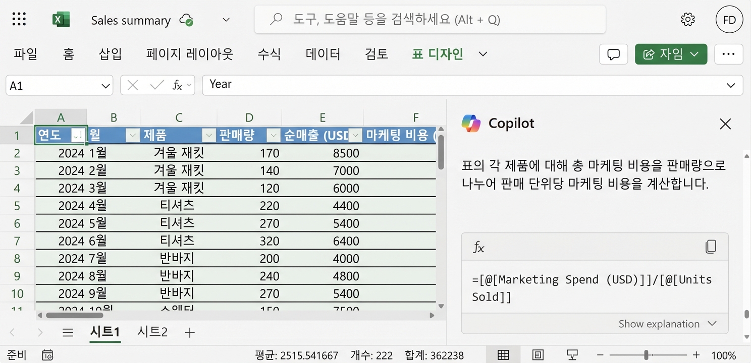 의류 제품 데이터가 표시된 Excel 문서와 수식 출력 결과가 나타난 Copilot 채팅 창.